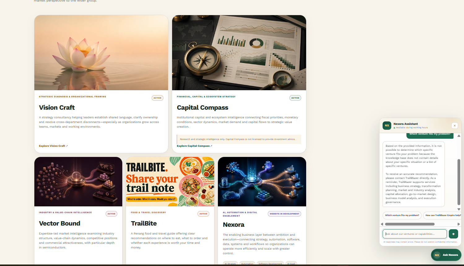 TrailBlazer Empire venture portfolio with the Nexora Assistant open on the website